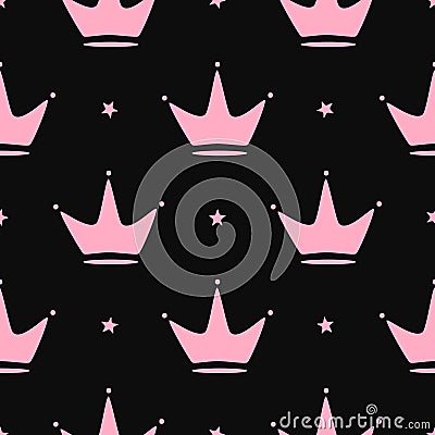 Repeated crowns and stars. Girly seamless pattern. Vector Illustration