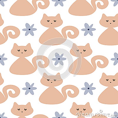 Repeated cute cats and flowers. Seamless pattern for children. Vector Illustration