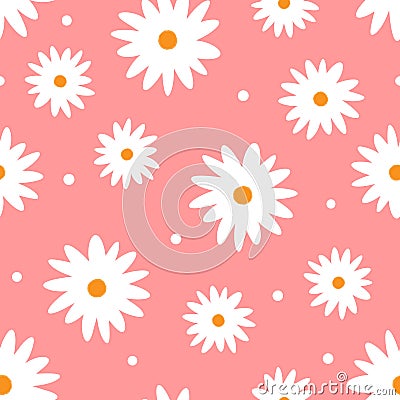 Repeated cute daisies and round dots. Floral seamless pattern. Vector Illustration