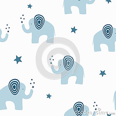 Repeated cute elephants with stars. Cartoon seamless pattern. Vector Illustration