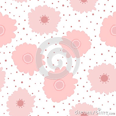 Repeated cute flowers and irregular polka dots drawn by hand. Floral seamless pattern. Vector Illustration