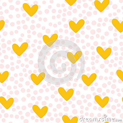 Repeated cute hearts. Polka dot. Seamless pattern. Drawn by hand. Vector Illustration