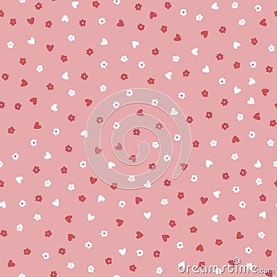 Repeated cute small flowers and hearts. Floral seamless pattern. Vector Illustration