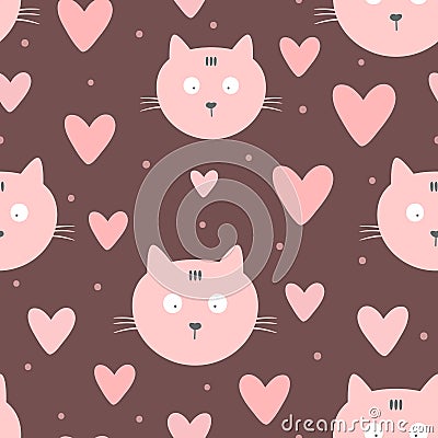 Repeated faces of cats, hearts and round dots. Cute seamless pattern for children. Vector Illustration