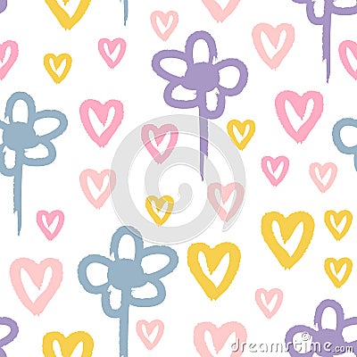 Repeated flowers and hearts painted with rough brush. Cute watercolour seamless pattern for children. Sketch, watercolor. Vector Illustration