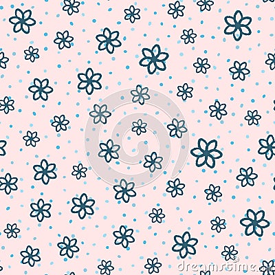 Repeated flowers and rounded dots drawn by hand. Cute seamless pattern. Sketch, doodle. Endless girlish print. Vector Illustration