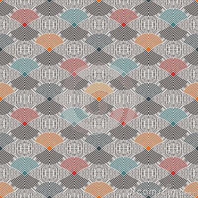 Repeated hatched overlapping circles seamless pattern. Openwork surface texture. Round links motif. Delicate background Vector Illustration