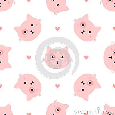 Repeated head cats and hearts drawn by hand. Seamless pattern with cute animal. Vector Illustration