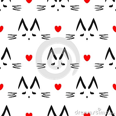 Repeated heart and outline of cat`s head drawn by hand. Cute seamless pattern for children. Vector Illustration