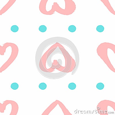 Repeated hearts and circles drawn by hand with rough brush. Cute romantic seamless pattern. Sketch, grunge, watercolor, paint. Vector Illustration