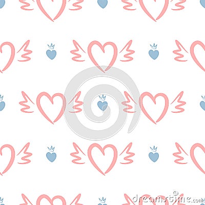 Repeated hearts with crowns and wings. Cute seamless pattern. Vector Illustration