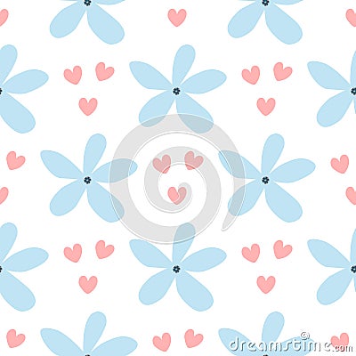 Repeated hearts and flowers drawn by hand. Simple floral seamless pattern. Cute print for girls. Vector Illustration