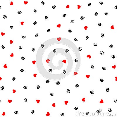 Repeated hearts and footprints of animal. Cute seamless pattern. Vector Illustration