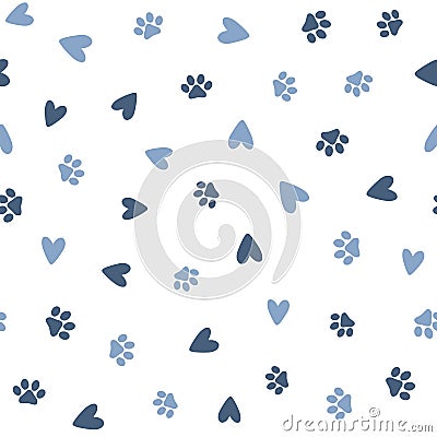 Repeated hearts and footprints of pets. Cute seamless pattern for animals. Vector Illustration