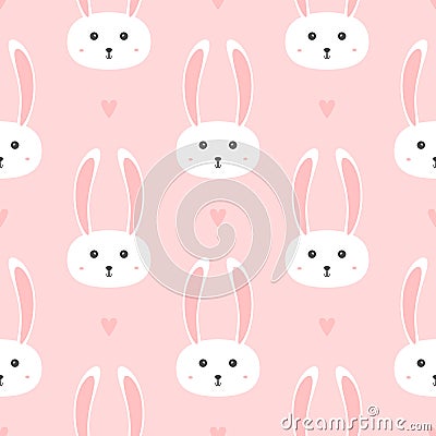 Repeated hearts and heads of little rabbits. Seamless pattern for girls. Vector Illustration