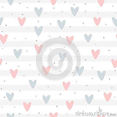 Repeated hearts and round dots on striped background. Romantic seamless pattern. Vector Illustration