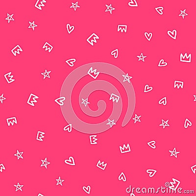 Repeated hearts, stars and crowns drawn by hand. Cute girly seamless pattern. Vector Illustration