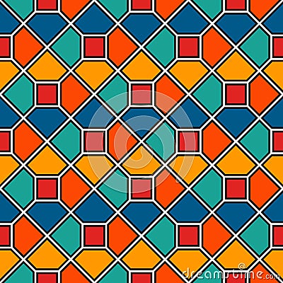 Repeated octagons stained glass mosaic abstract background. Vivid ceramic tiles wallpaper. Seamless surface pattern Vector Illustration