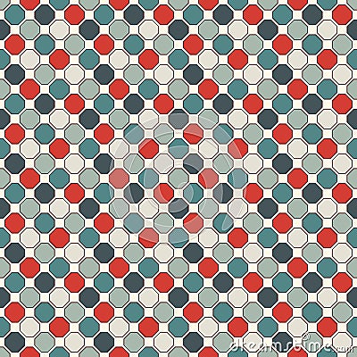 Repeated octagons stained glass mosaic background. Retro ceramic tiles. Seamless pattern with geometric ornament. Vector Illustration