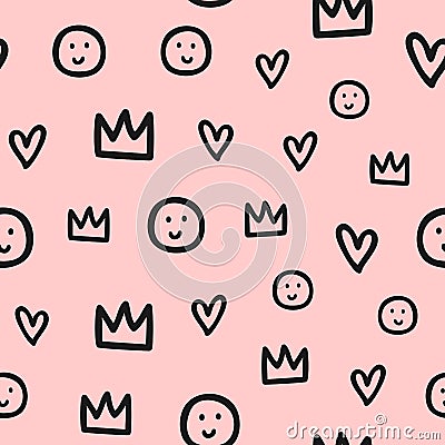 Repeated outlines of crowns, hearts and smiles. Cute seamless pattern for children. Sketch, doodle, scribble. Vector Illustration