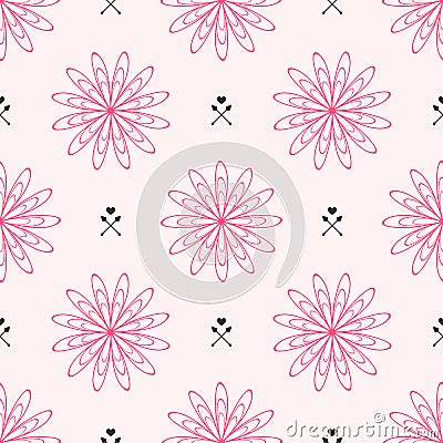 Repeated outlines of flowers and hearts with arrows. Cute floral seamless pattern. Vector Illustration