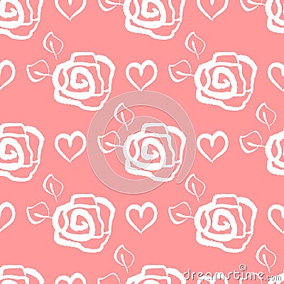 Repeated outlines of flowers of roses and hearts. Flower seamless pattern for women and girls. Vector Illustration