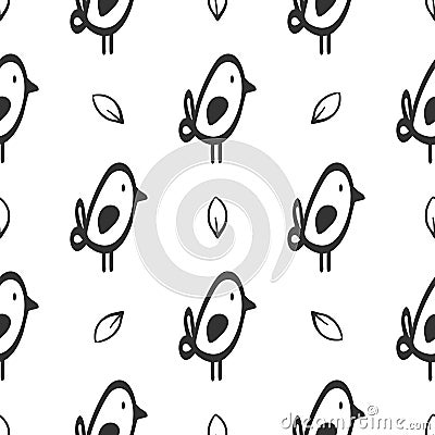 Repeated outlines of funny bird and leaf. Seamless pattern drawn by hand. Sketch, doodle, line art. Vector Illustration