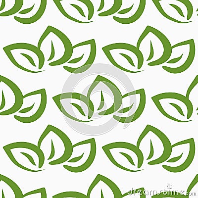 Repeated outlines of green leaves on white background. Seamless pattern. Vector Illustration