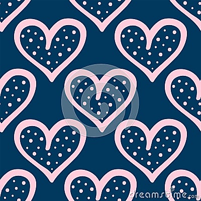 Repeated outlines of hearts with dots. Cute seamless pattern drawn by hand. Doodle, sketch. Vector Illustration
