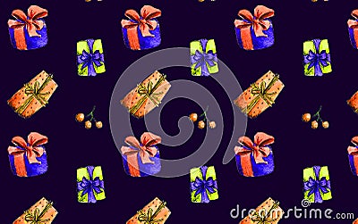 Gift boxes Repeated pattern. Colorful gift present boxes tightened by ribbons on black background. Cartoon Illustration