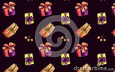 Gift boxes Repeated pattern. Colorful gift present boxes tightened by ribbons on black background. Cartoon Illustration