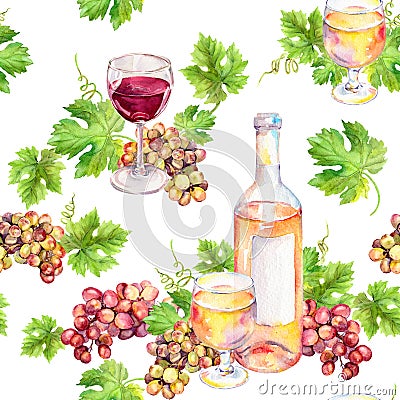 Repeated pattern. Wine glass, bottle, vine leaves, grape berries. Watercolor. Stock Photo