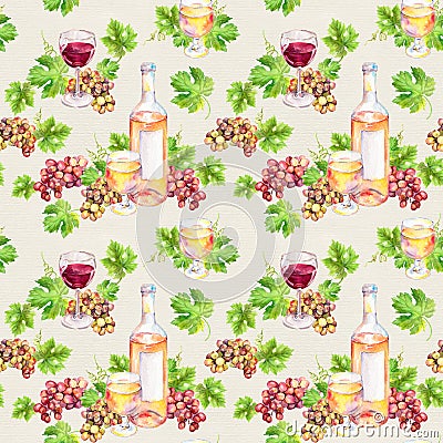 Repeated pattern. Wine glass, bottle, vine leaves, grape berries. Watercolor. Stock Photo