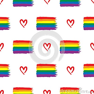 Repeated rainbow LGBT flags and hearts drawn by hand. Seamless pattern for homosexuals. Vector Illustration