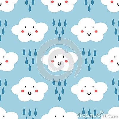 Repeated raindrops and clouds with smiling faces. Cute seamless pattern for kids. Funny children`s print. Vector Illustration