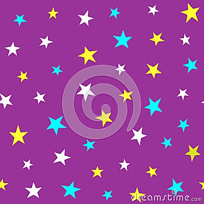 Repeated randomly scattered coloured stars. Colorful seamless pattern for children. Vector Illustration