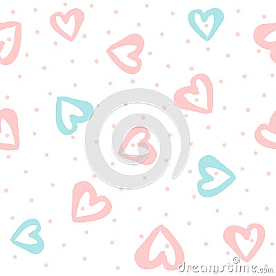 Repeated round dots and hearts drawn by hand with watercolour brush. Cute seamless pattern. Vector Illustration