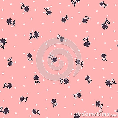 Repeated round spots and flowers with leaves drawn by hand. Girly floral seamless pattern. Vector Illustration