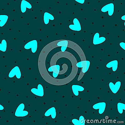 Repeated scattered hearts and irregular polka dot. Romantic seamless pattern. Vector Illustration