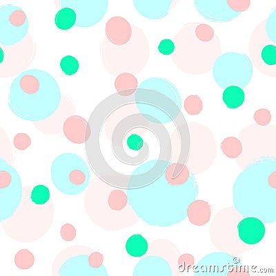 Repeated scattered round colored spots painted with watercolour brush. Cute girly seamless pattern. Vector Illustration