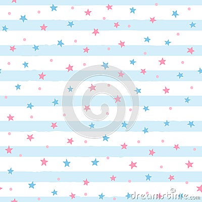 Repeated scattered stars and round dots on uneven striped background. Cute seamless pattern for girls. Vector Illustration