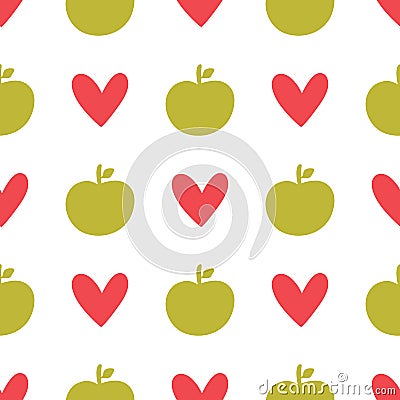 Repeated silhouettes of apples and hearts. Cute fruity seamless pattern. Vector Illustration