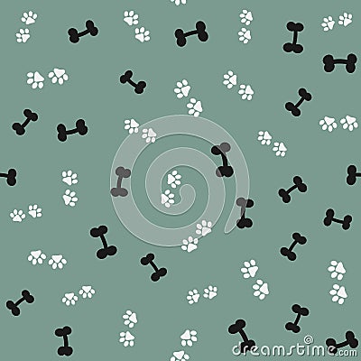 Repeated silhouettes of bones and animal paw prints. Seamless pattern for pets. Vector Illustration