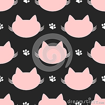 Repeated silhouettes of cat heads and paw prints. Cute seamless pattern. Vector Illustration