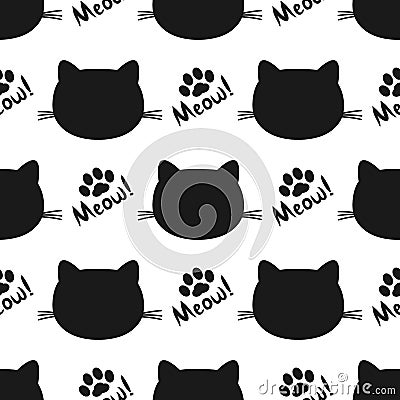 Repeated silhouettes of cat heads and paws. Lettering Meow! Seamless pattern. Vector Illustration