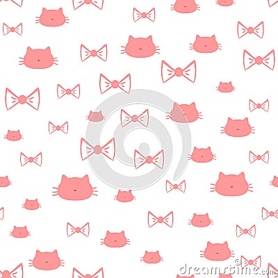 Repeated silhouettes of a cat`s head and bows. Seamless pattern. Vector Illustration