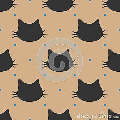 Repeated silhouettes of cat`s heads. Polka dot. Seamless pattern. Vector Illustration