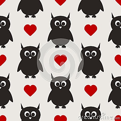 Repeated silhouettes of owls with ears and hearts. Vector Illustration