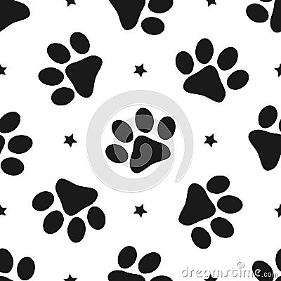 Repeated silhouettes of paw prints and stars. Seamless pattern for animals. Vector Illustration