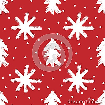 Repeated silhouettes of trees and snowflakes painted with rough brush. New Year seamless pattern. Vector Illustration